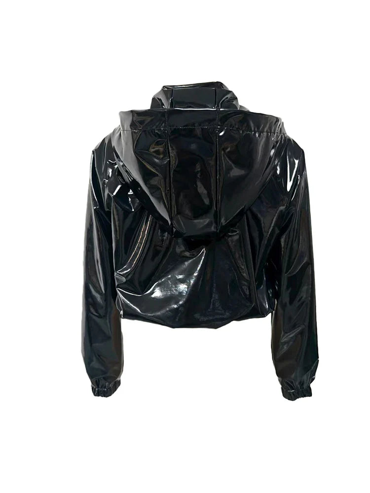 Damen Kapuzenjacke glänzend Schwarz kurzer Schnitt