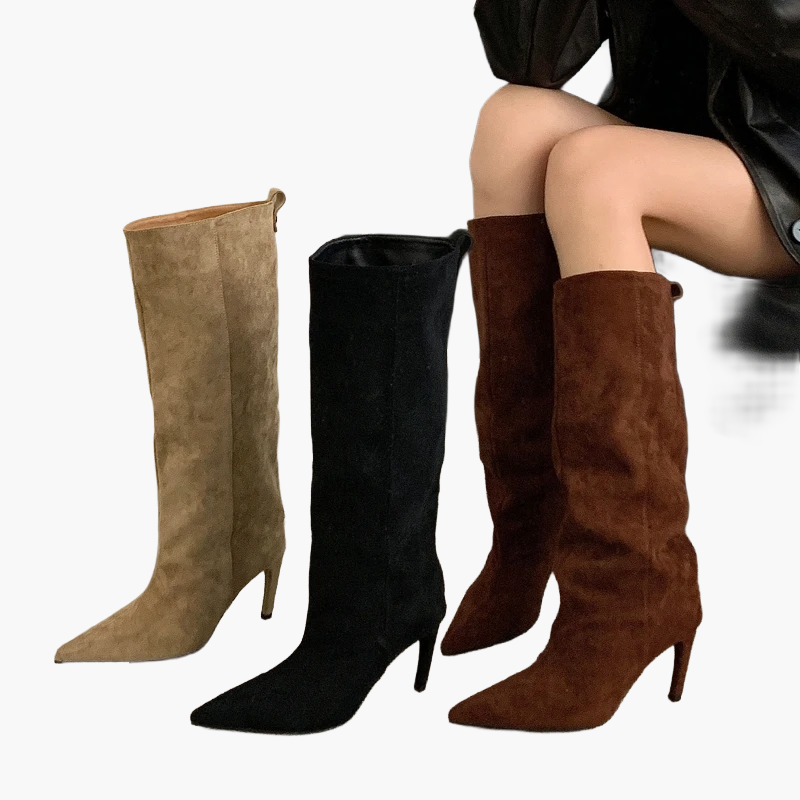 Damen Stiefel mit hohem Absatz und spitzer Zehenpartie – Modische Slouchy Boots für Herbst und Winter