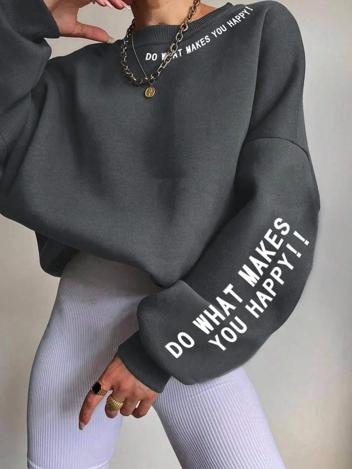 Damen Sweatshirt mit Spruch "DO WHAT MAKES YOU HAPPY!!" Rundhalsausschnitt Langarm