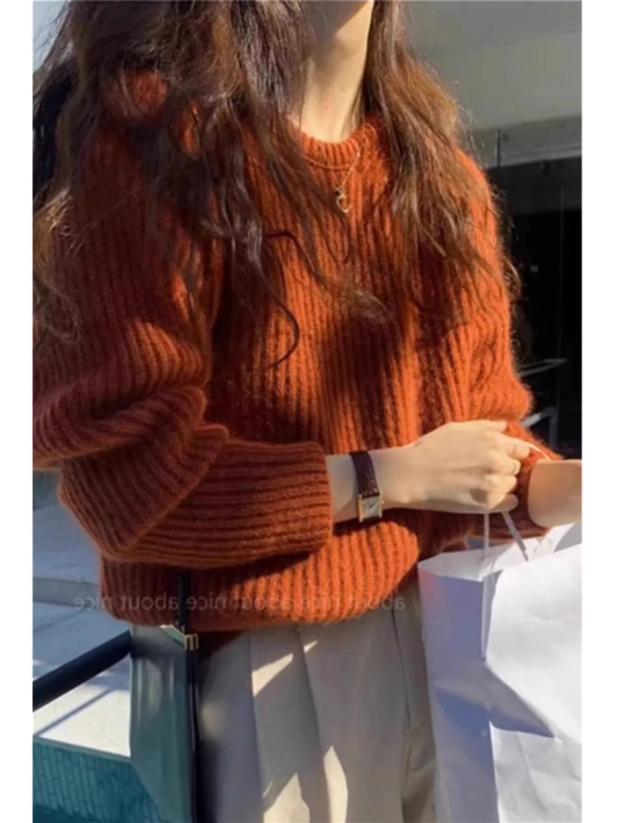 Damen Grobstrick Pullover Rundhals Langarm Rostrot