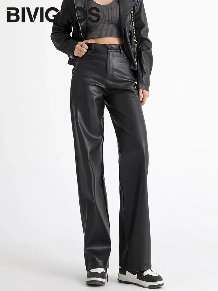 Damen Kunstlederhose Weites Bein Hoher Bund