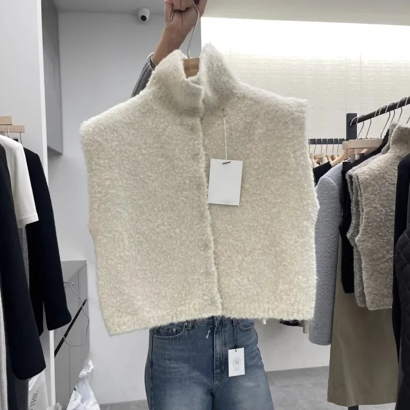 Damen Ärmellose Strickweste mit Stehkragen Bouclé-Optik
