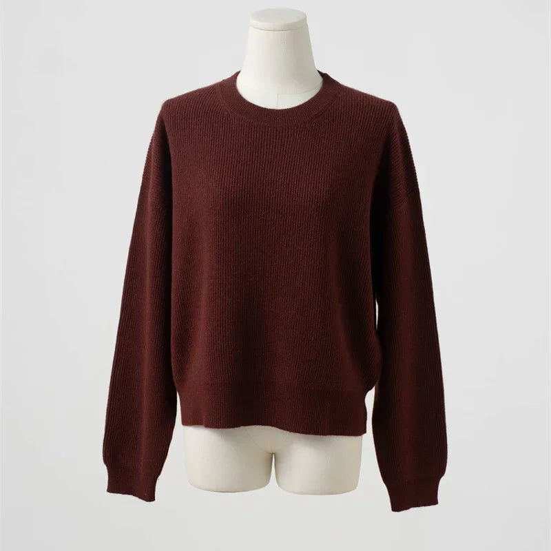 Damen Rundhals Pullover Strickpullover Gerippt Langarm Basic Oberteil