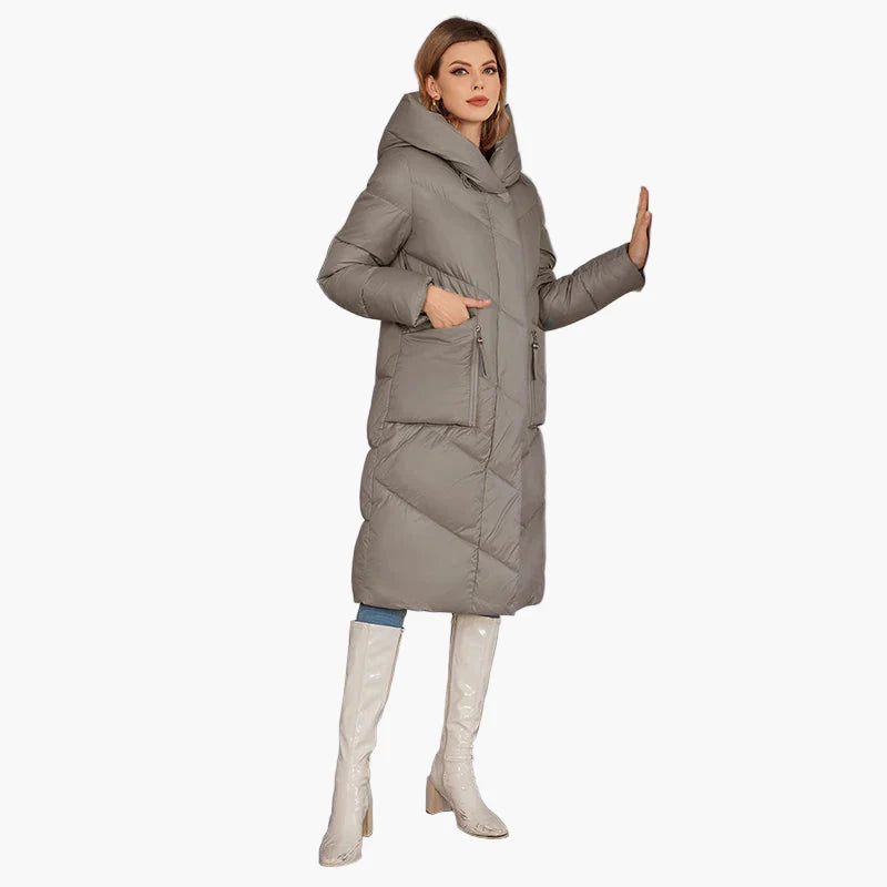 Damen Winter Steppmantel mit Kapuze, langer Daunenstil, modisch und warm für Alltag & Freizeit