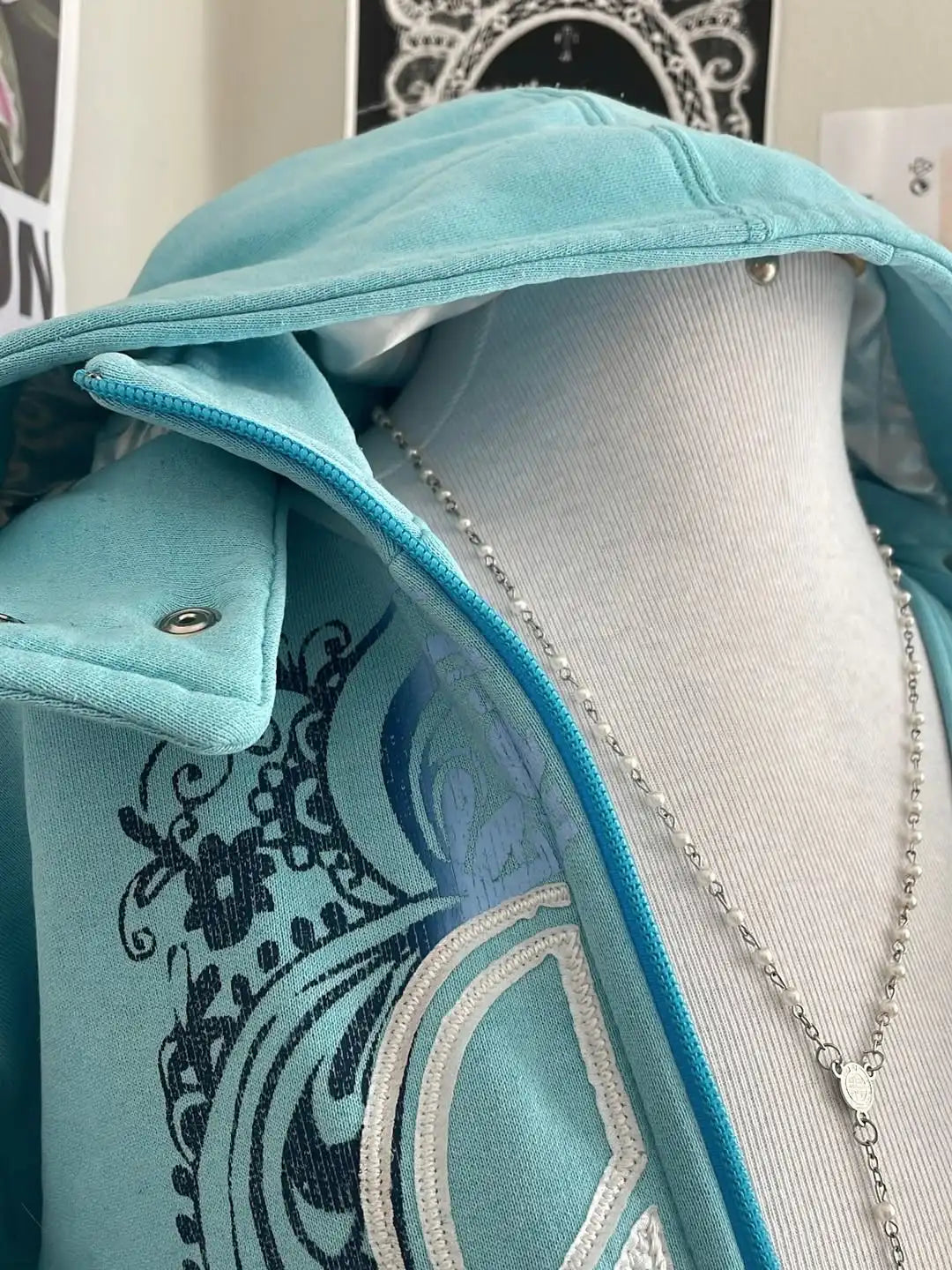 Damen Kapuzenjacke mit Reißverschluss Türkis mit Muster