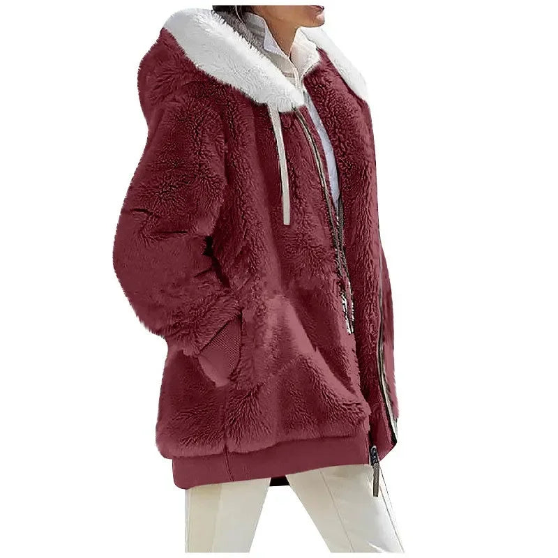 Damen Flauschige Kapuzenjacke mit Reißverschluss und Bauchtaschen