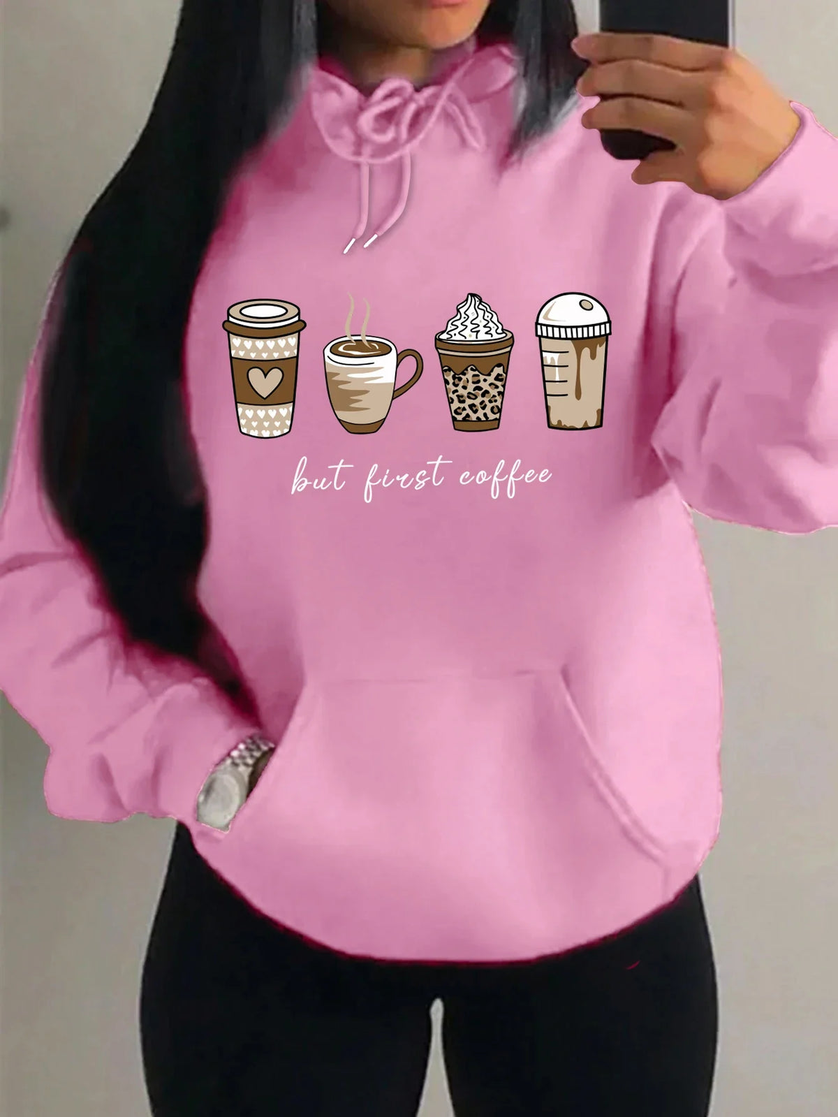 Damen Hoodie "But First Coffee" mit Kaffeetassen-Print Kapuzenpullover