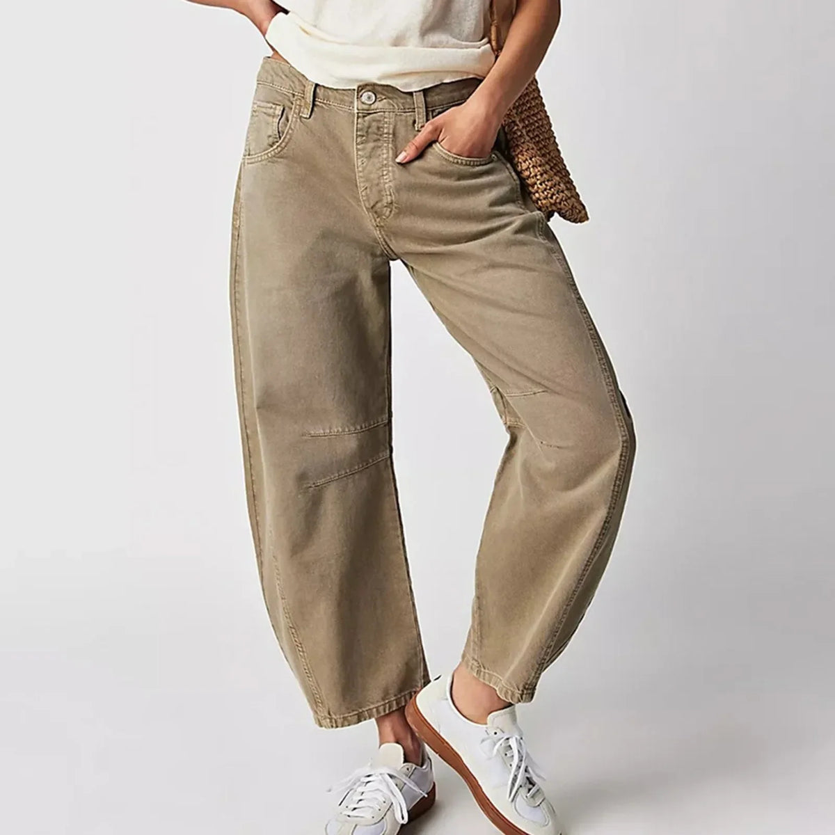 Damen Weite Hose Lockerer Schnitt Jeans Stil Hochbund mit Kniedetails