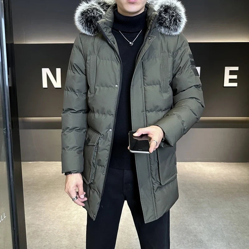 Herren Winterparka mit Kapuze und Kunstfellbesatz, Steppjacke in Marineblau, Schwarz, Grün