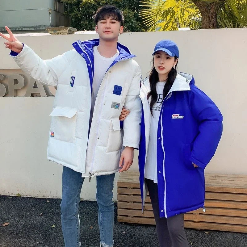 Unisex Winter Steppjacke mit Kapuze, lange Winterjacke Schwarz Blau Weiß