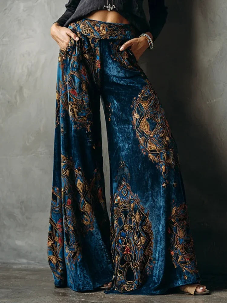 Damen Samthose Weites Bein Blau Gold Gemustert Boho Stil