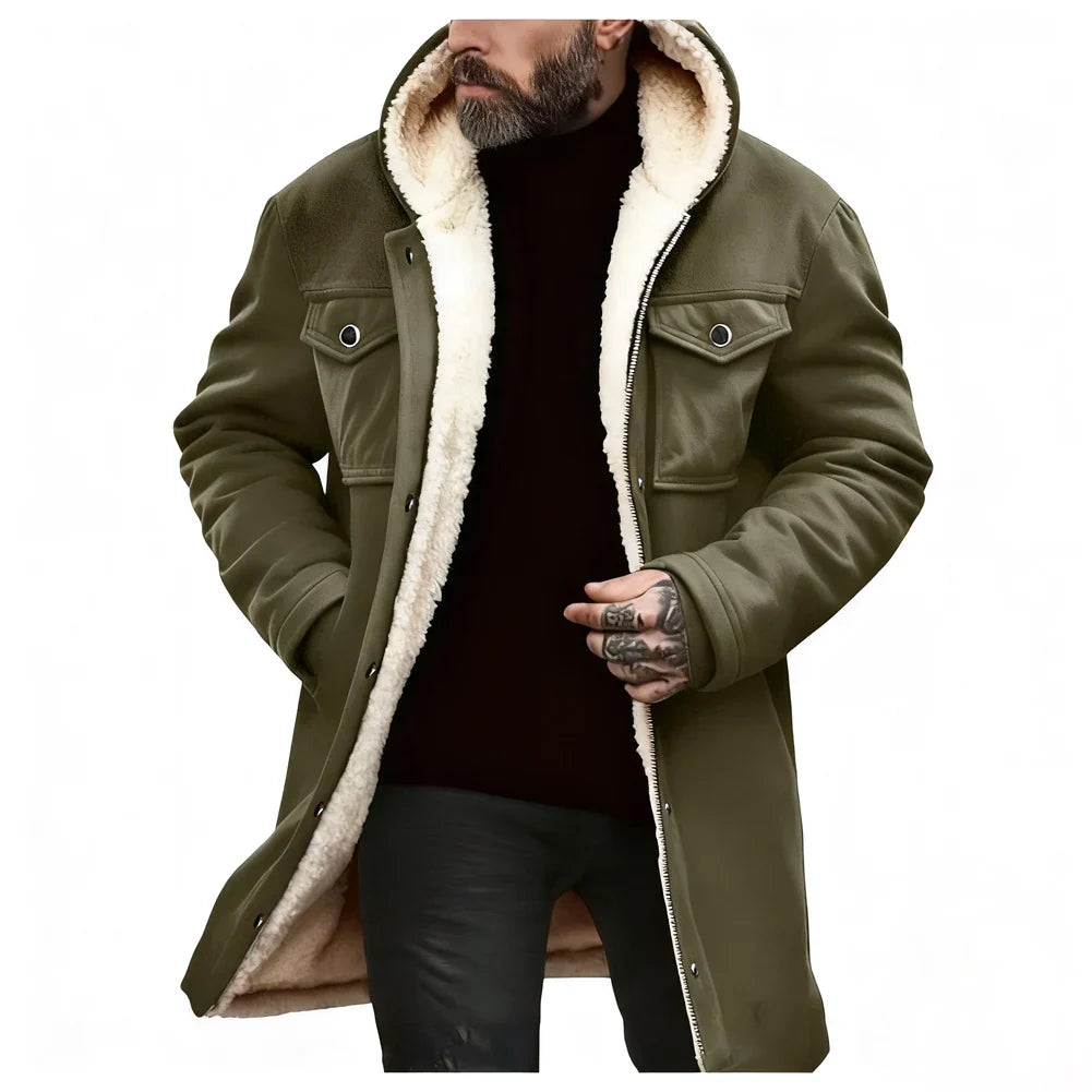 Herren Winterjacke mit Kapuze und Teddyfutter, lang, warm, Schwarz