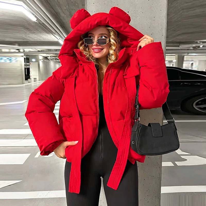 Damen Steppjacke mit Kapuze und Ohren Kurze Pufferjacke