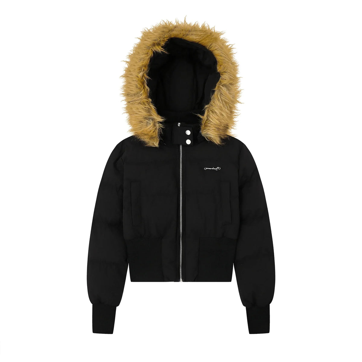 Damen Steppjacke Kurz Kunstpelz Kapuze Schwarz Hellblau