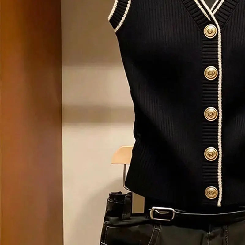 Damen Gerippter Stricktop Ärmellos V-Ausschnitt mit Knopfleiste Schwarz