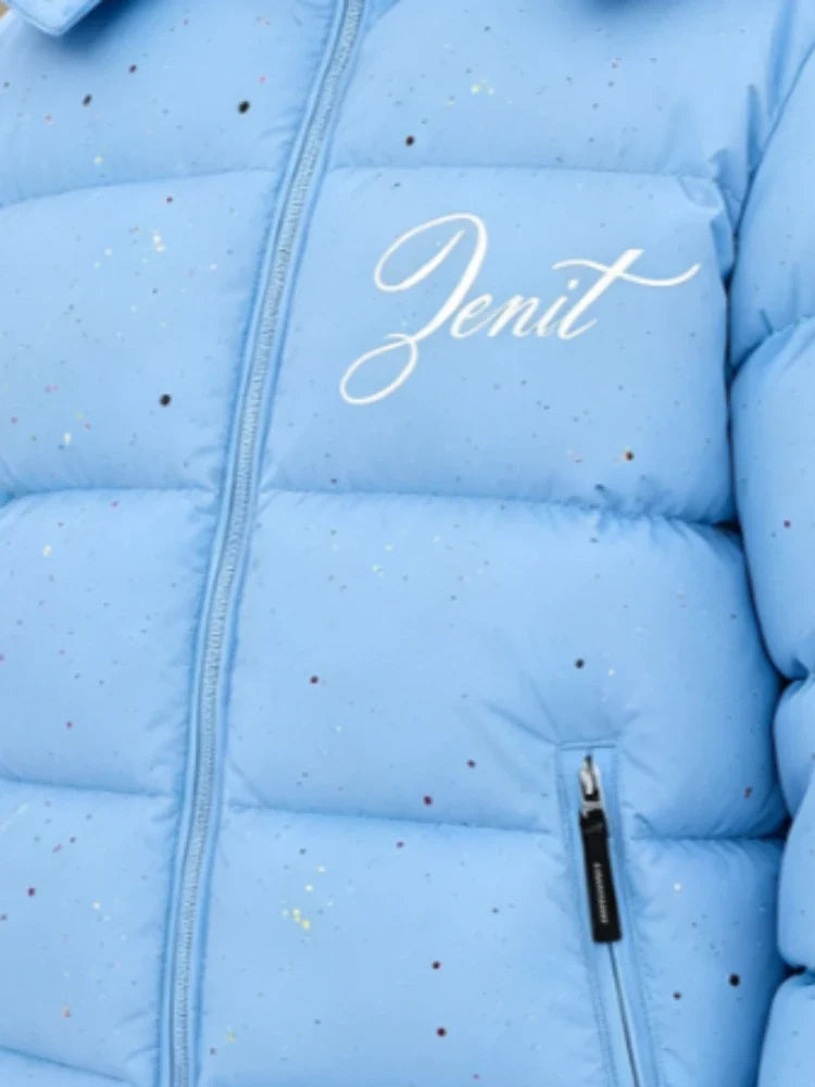 Unisex Pufferjacke mit Kapuze Hellblau Sprenkel-Muster