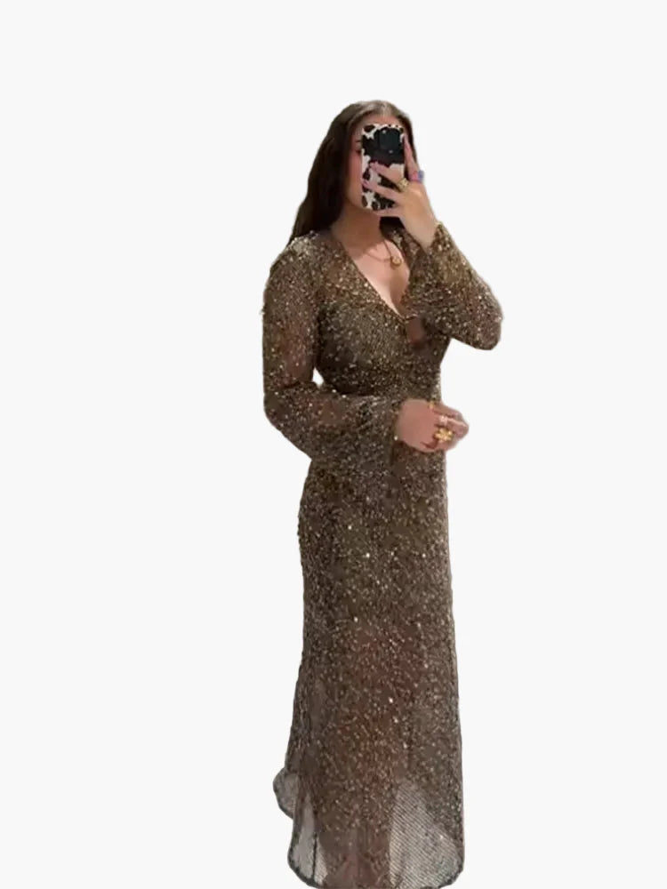 Damen Paillettenkleid Abendmode mit tiefem Ausschnitt und figurbetontem Schnitt – Perfektes Partykleid