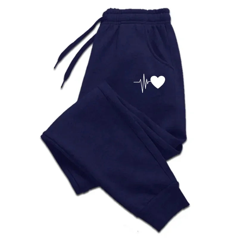 Unisex Jogginghose mit Herzschlag-Print, Kordelzug und Bündchen, Grau Melange