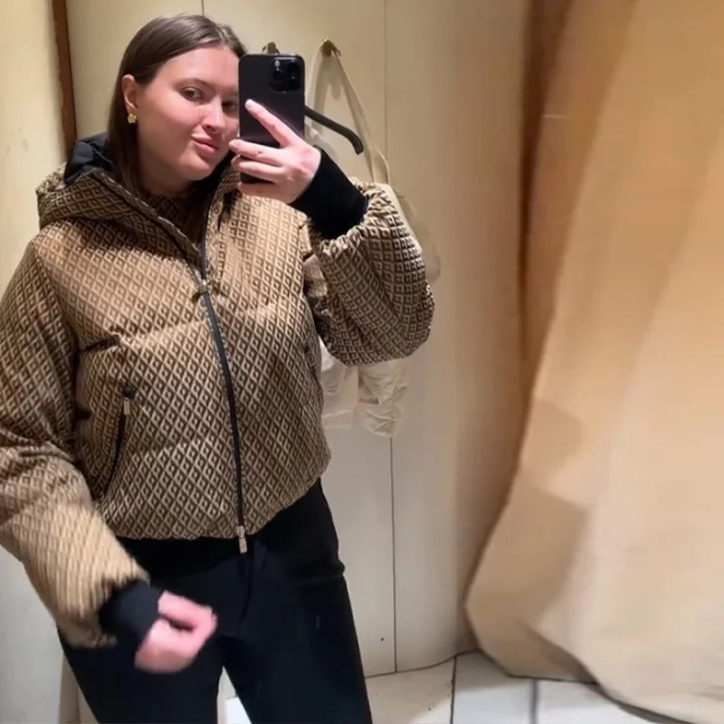 Damen Set mit Steppjacke, Langarmshirt und Hose, Rautenmuster Braun