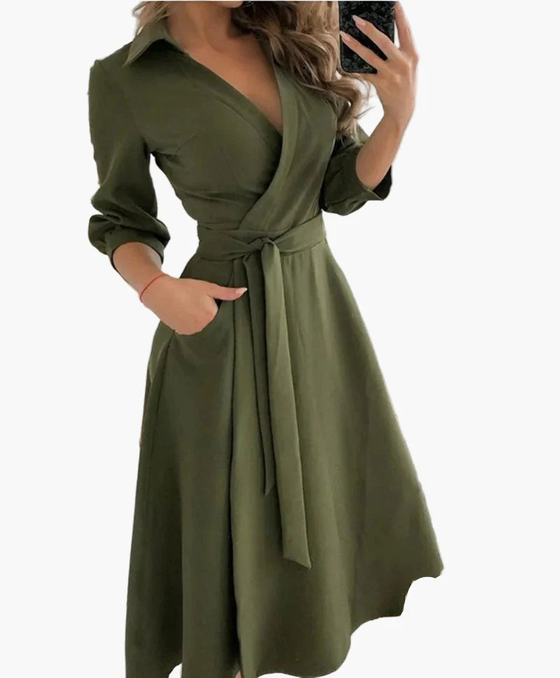 Damen Wickelkleid mit Gürtel – Elegantes Freizeitkleid mit Kragen und 3/4-Ärmeln für Alltag und Büro