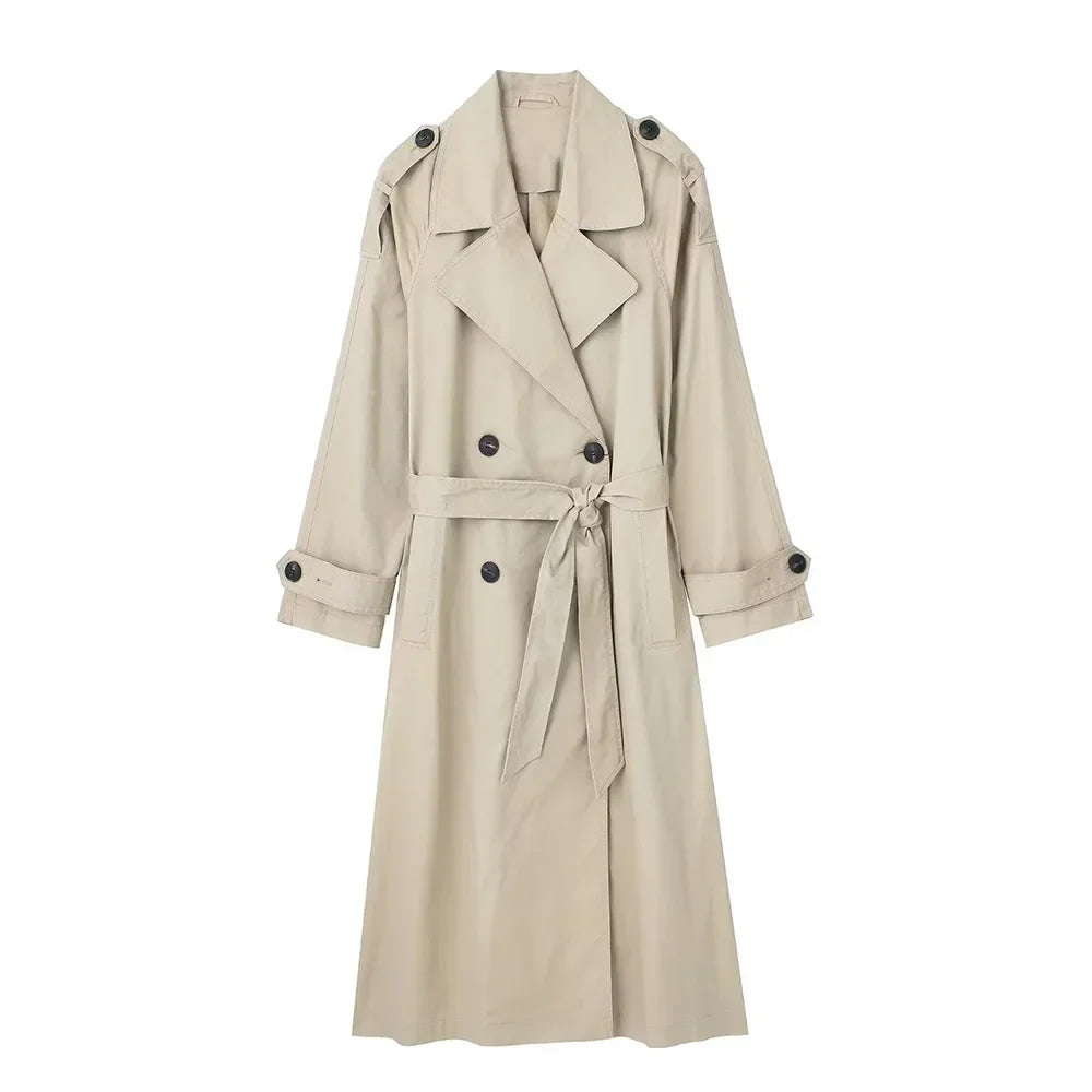 Damen Trenchcoat Lang mit Gürtel Zweireihig Khaki/Grün