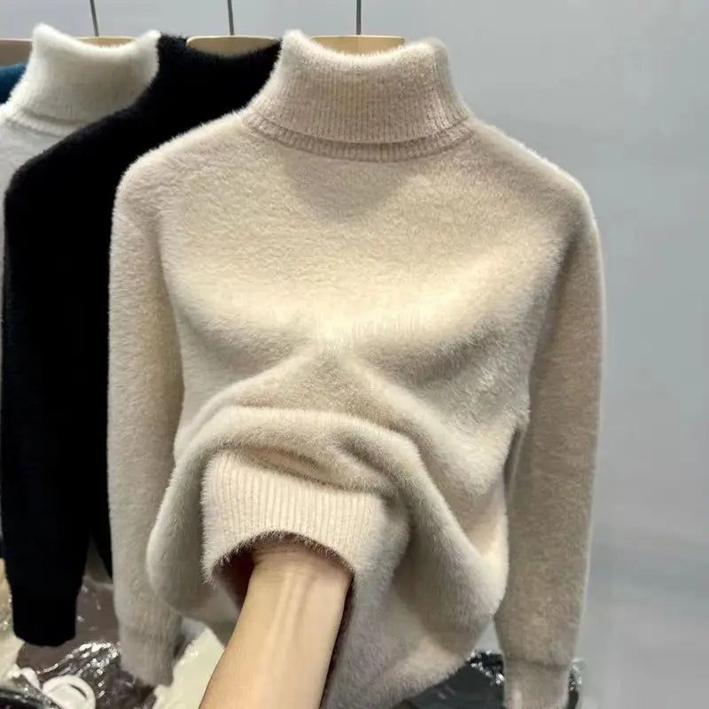 Damen Rollkragenpullover Plüsch Langarm Strickpullover Fluffy Winterpullover