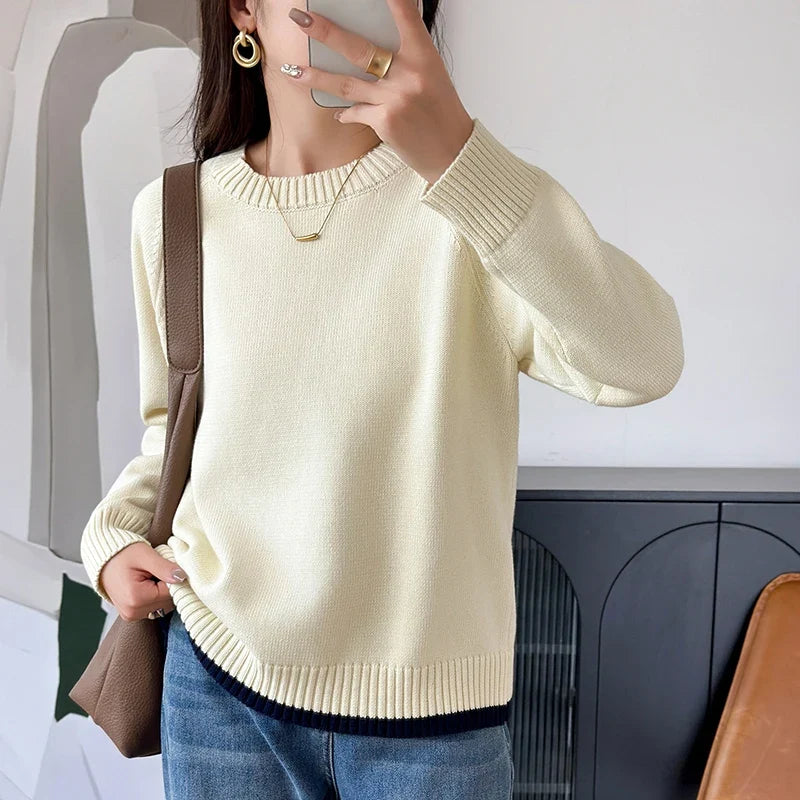 Damen Pullover Rundhalsausschnitt Langarm Strickpullover Rippbündchen