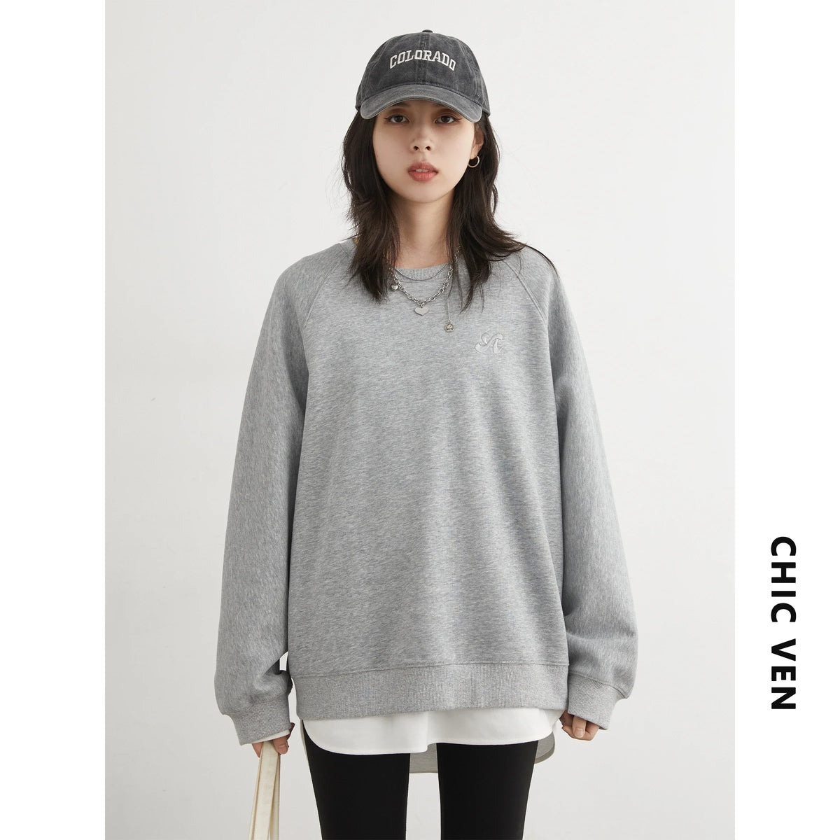 Damen Sweatshirt Rundhals Langarm Bestickt Türkis