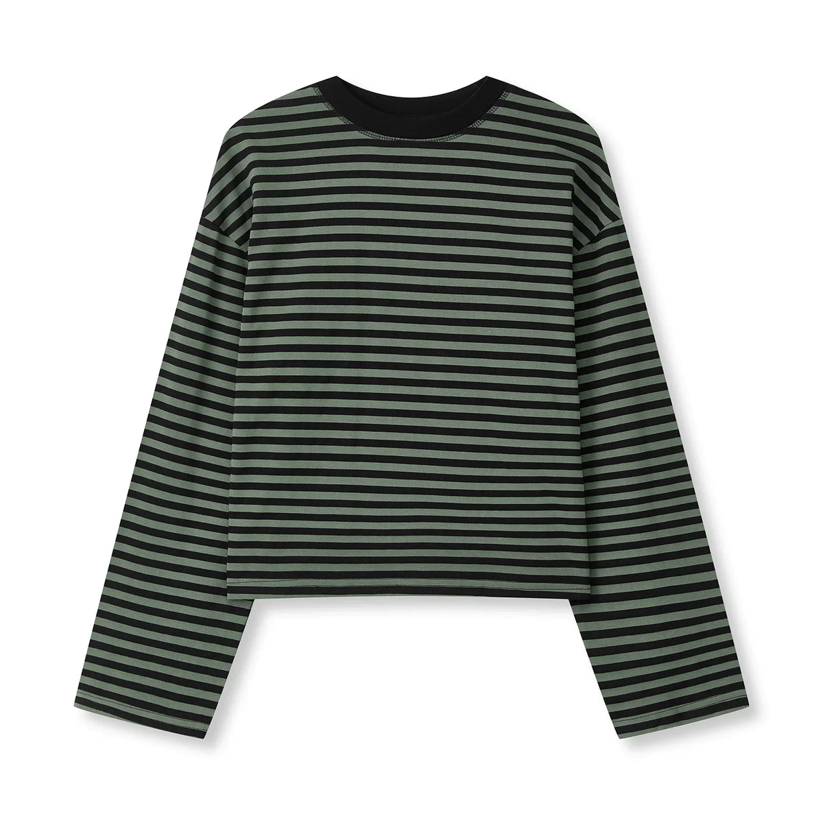 Gestreiftes Langarm Cropped Top Rundhals Damen