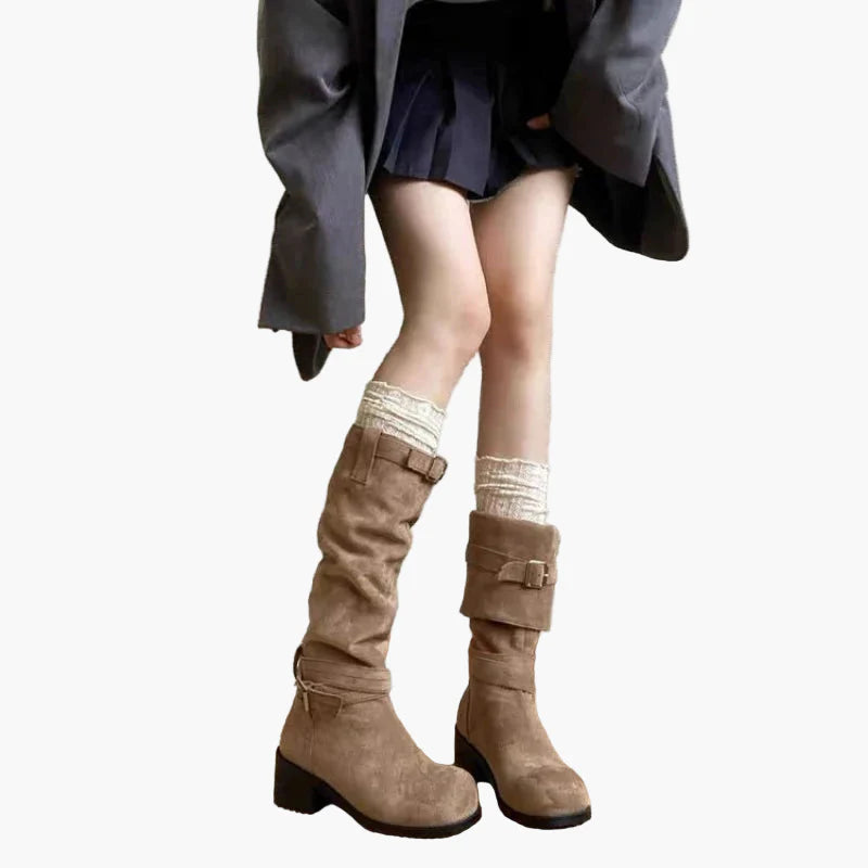 Damen Kniehohe Stiefel mit Blockabsatz und Schnallen – Modische Freizeit- und Herbstschuhe