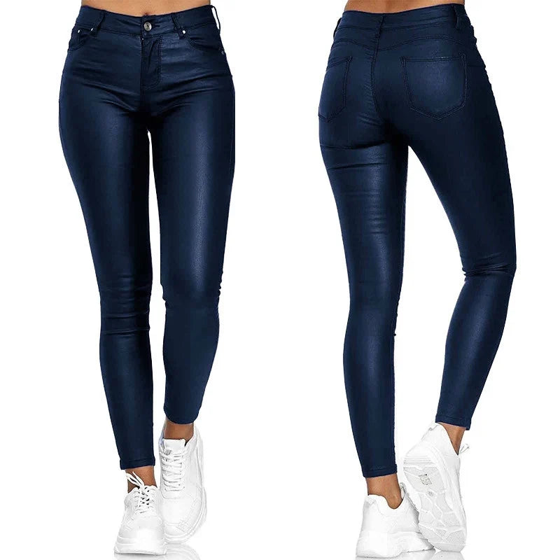 Damen Skinny Hose Glänzende Optik Kunstleder Slim Fit