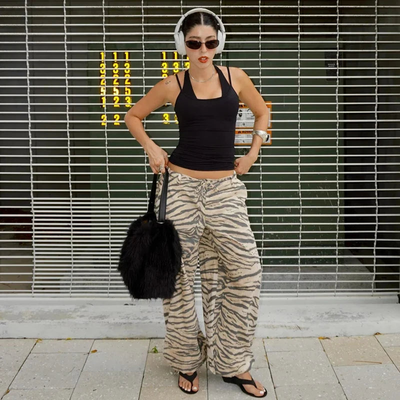 Damen Locker Geschnittene Hose mit Zebramuster Print und Kordelzug