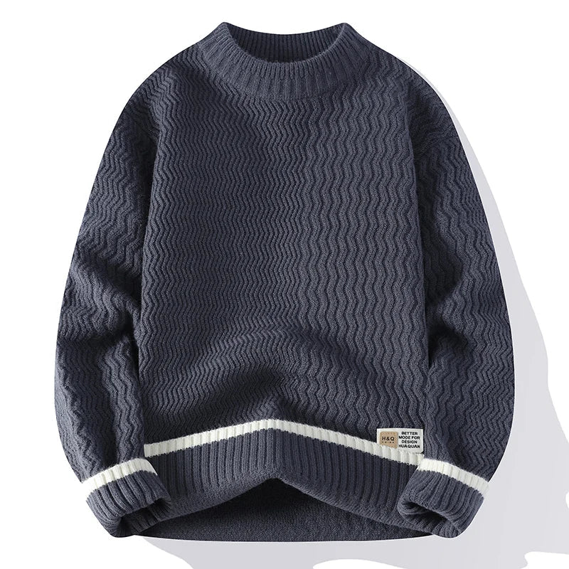 Unisex Rollkragenpullover mit Wellenmuster und Kontraststreifen – Gemütlicher Strickpullover