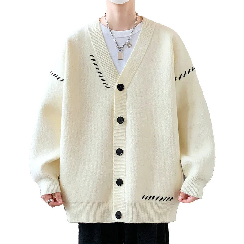 Strickjacke Herren V-Ausschnitt Cardigan mit Stichmuster Grün Schwarz Weiß Beige