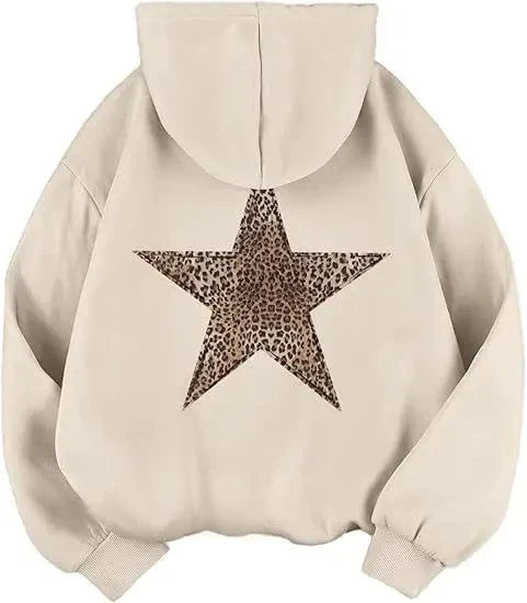 Hoodie Damen mit Leoparden-Stern Aufdruck auf dem Rücken – Oversized Kapuzenpullover