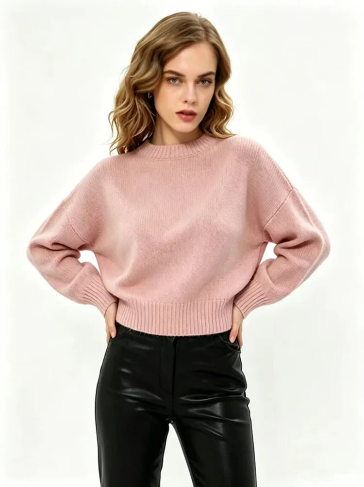 Damen Oversized Pullover Strickpullover Rundhals Langarm Weiß