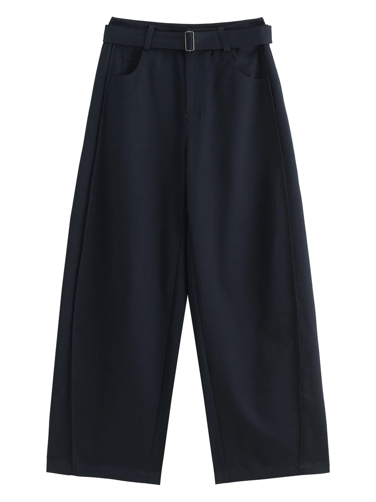 Damen Weite Hose mit Gürtel Hoher Bund Elegante Stoffhose Marineblau
