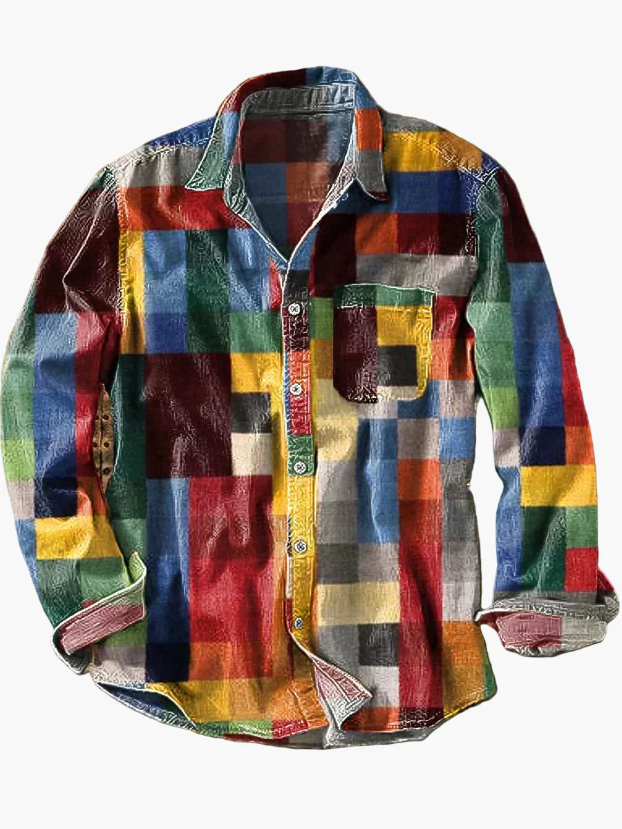 Herren Modernes Patchwork-Freizeithemd – Lässiges Langarmhemd für Alltag und Büro