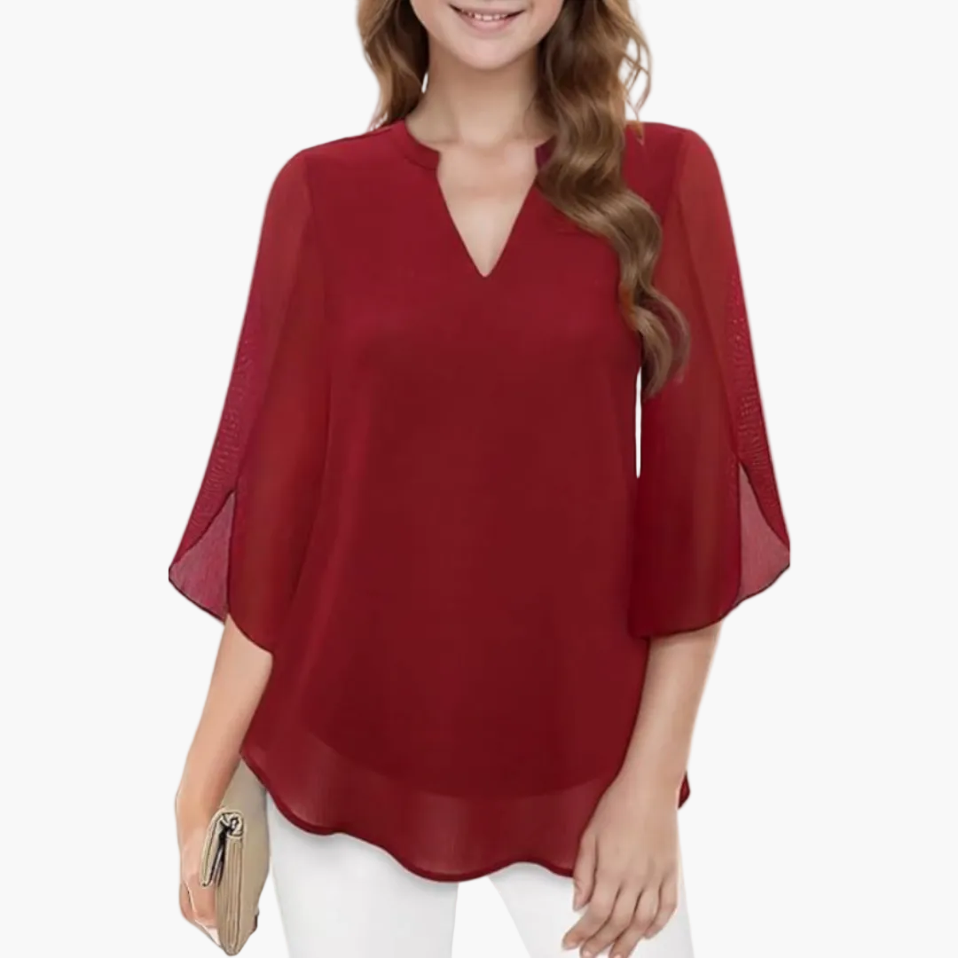 Damen-Bluse mit V-Ausschnitt und geschlitzten Glockenärmeln