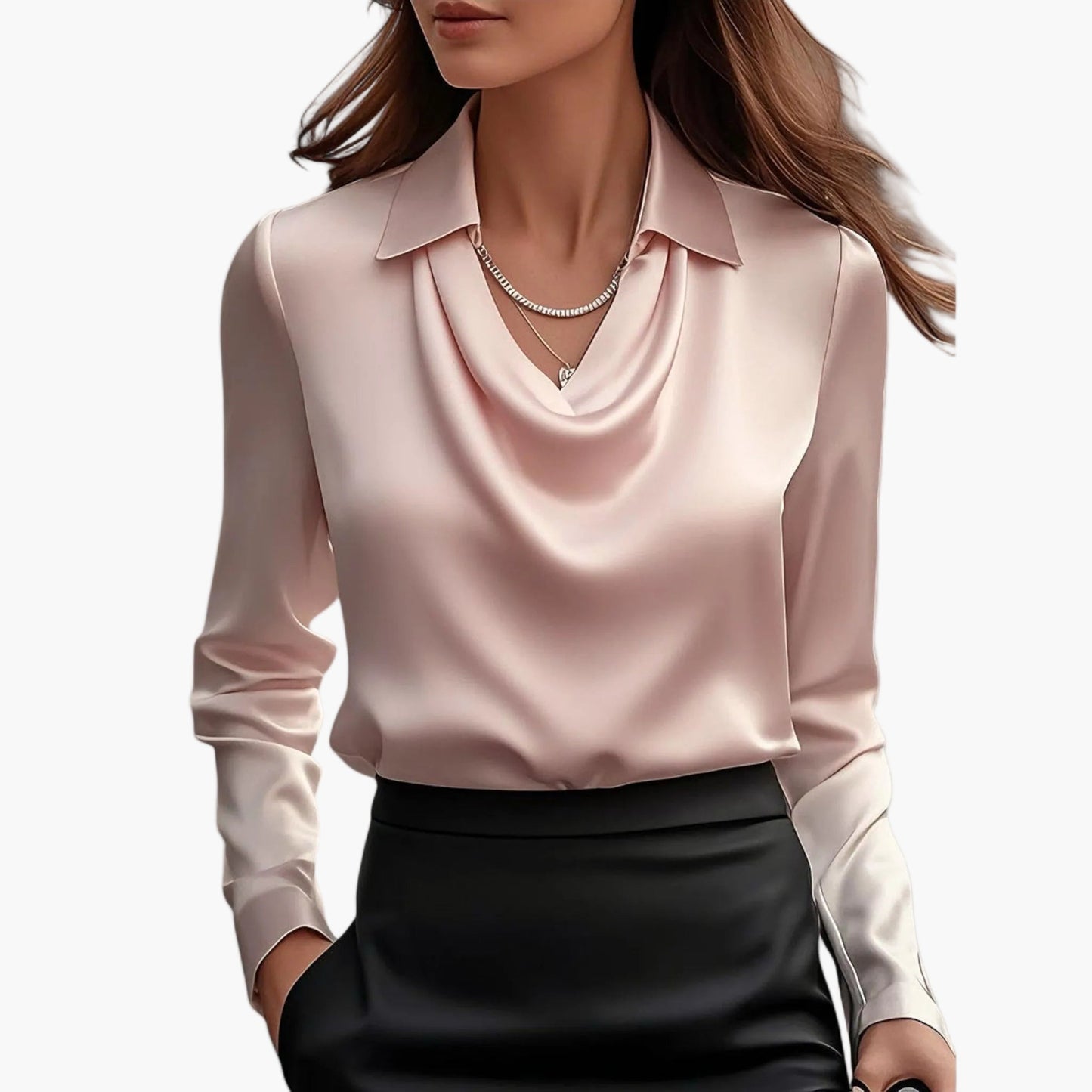 Damen Satinbluse mit Wasserfallkragen – Elegante Business- und Abendmode