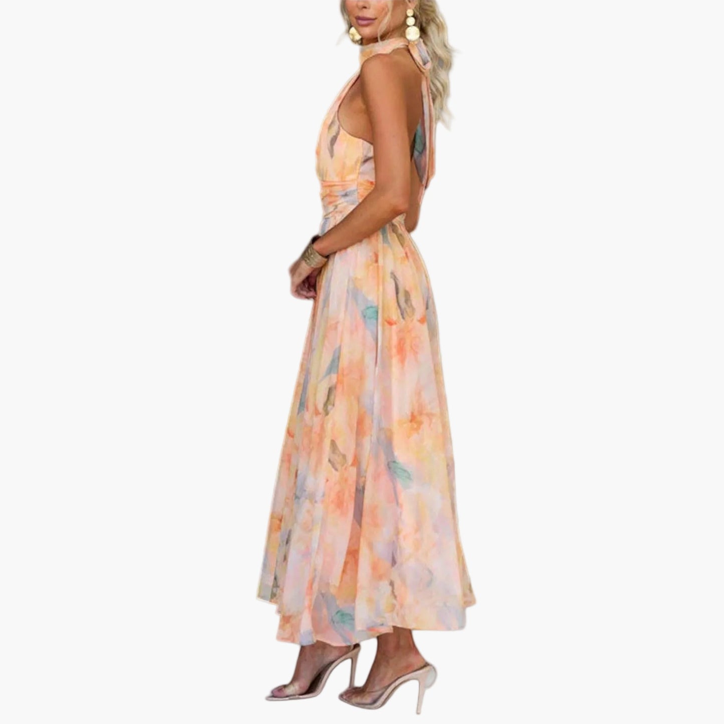 Damen Maxikleid Elegant Wasserfarbenmuster Festlich Sommer Abendmode