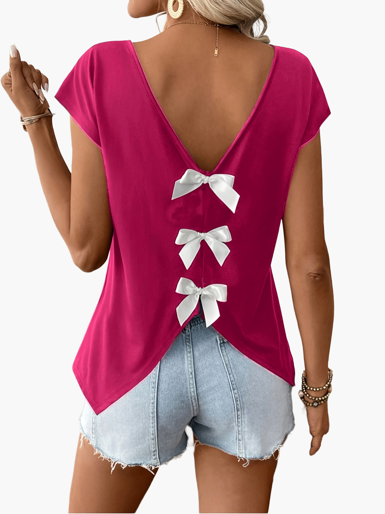 Damen Trendiges Rückendetail-Shirt mit Schleifen und V-Ausschnitt – Perfekt für Sommer, Freizeit & Urlaub