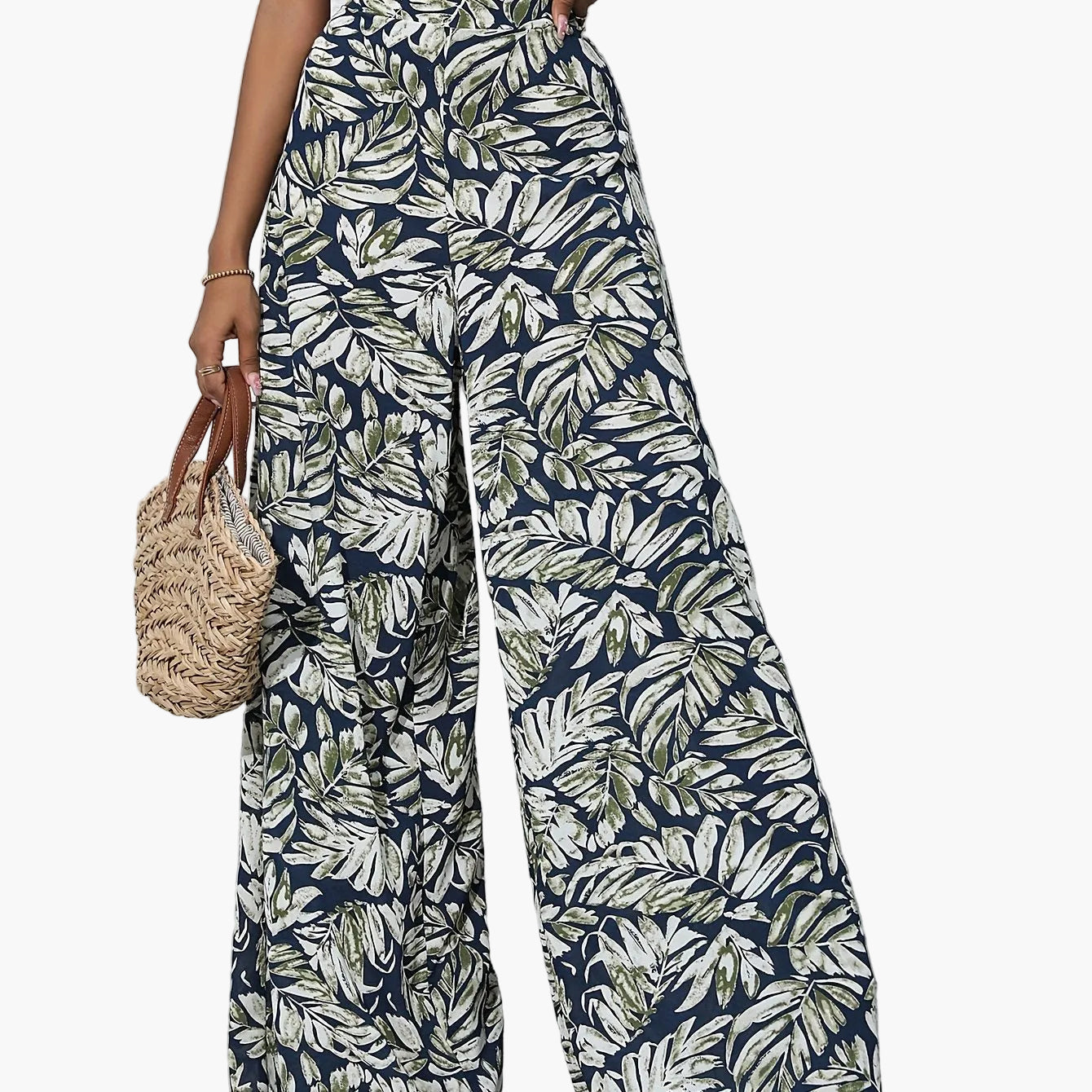 Damen Sommer Palazzo-Hose mit weitem Bein und tropischem Blätterprint – Perfekt für Strand und Freizeit