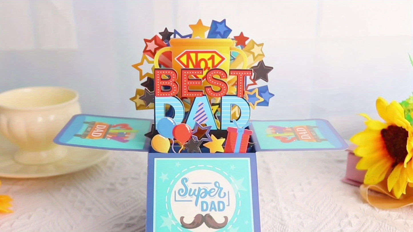 Vätertag 3D Pop-up Grußkarte – Beste Papa Überraschungsbox für Männer, Geschenkidee für Väter mit Super Dad Motiv