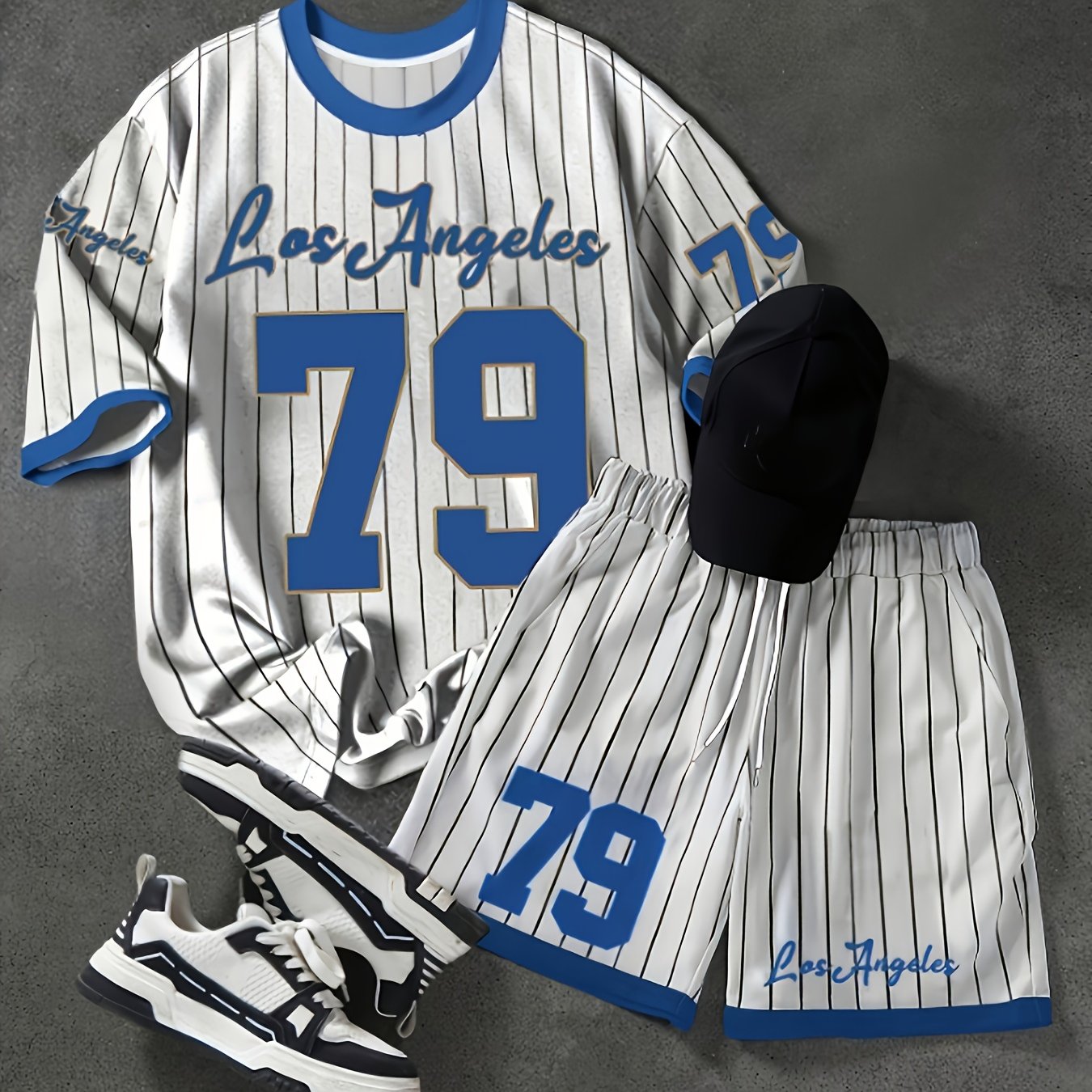 Herren Sportset Los Angeles 79 – Streetstyle Pinstripe Outfit mit Shirt, Shorts, Cap und Sneakers