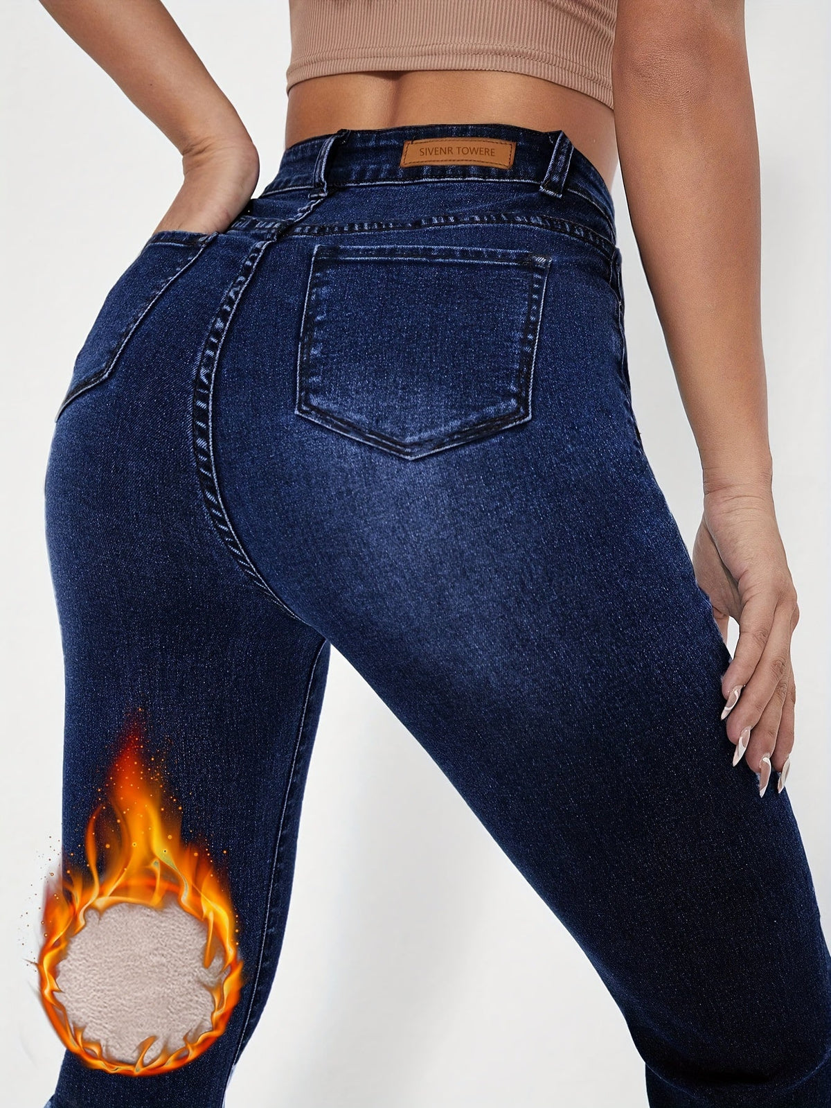 Damen Jeans Dunkelblau Bootcut High Waist Winterfutter