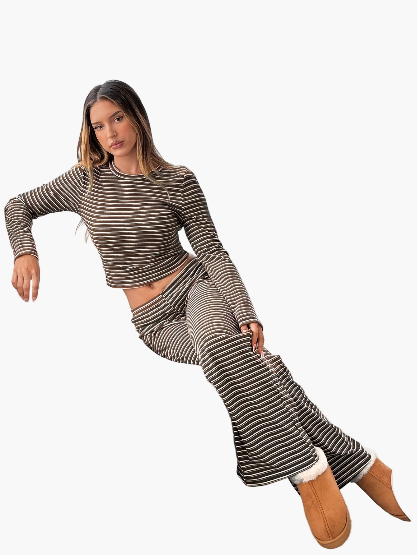 Damen Freizeit Zweiteiler Set – Gestreiftes Langarmshirt und Hose, Bequem & Modisch für Alltag und Lounge