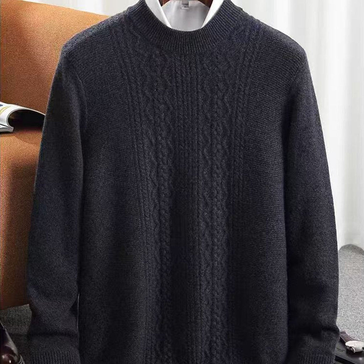 Herren Mockneck Pullover Feinstrick Zopfmuster