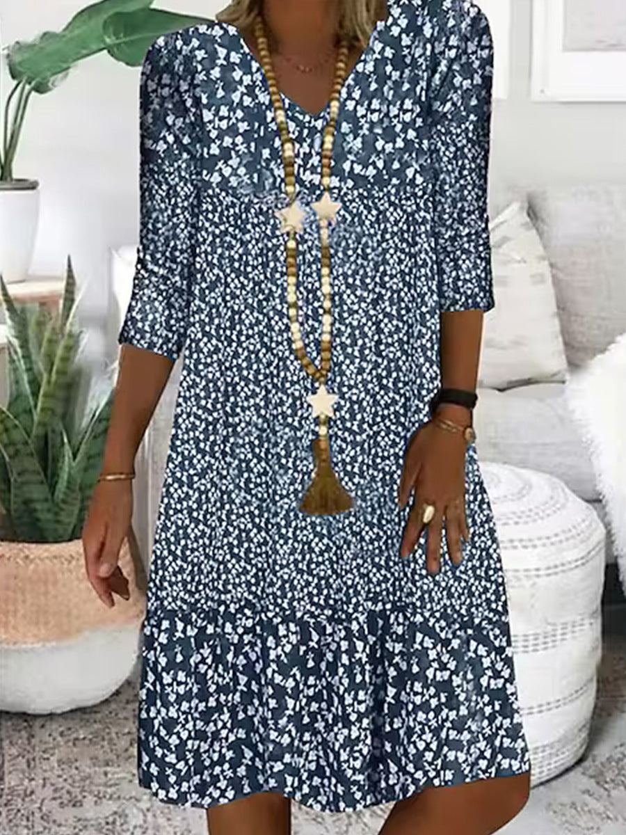 Damen Boho Blumenkleid mit 3/4-Ärmeln – Luftig & Bequem für Alltag und Urlaub