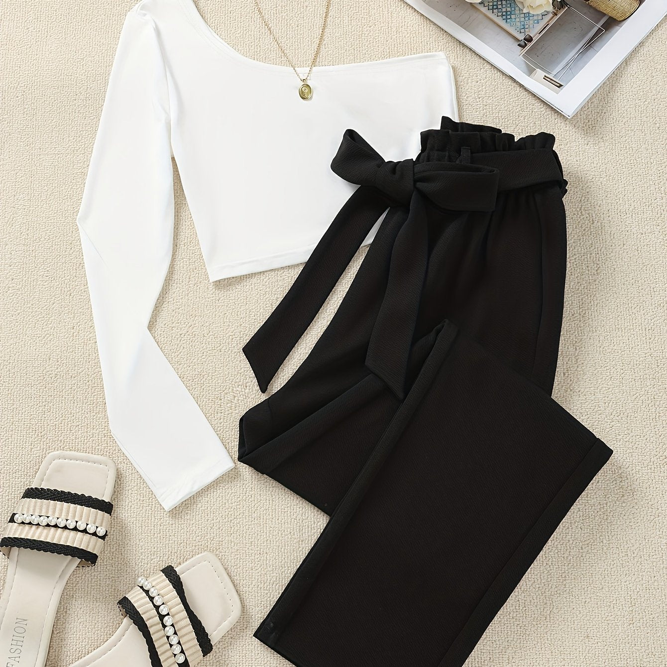 Damen Elegante Off-Shoulder Bluse mit Gürtelhose – Perfekt für Büro und Freizeit